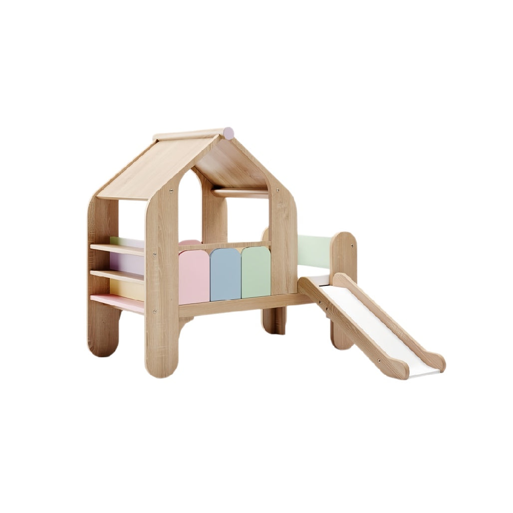 **Houten Speelhuis met Glijbaan en Kleurvlakken**